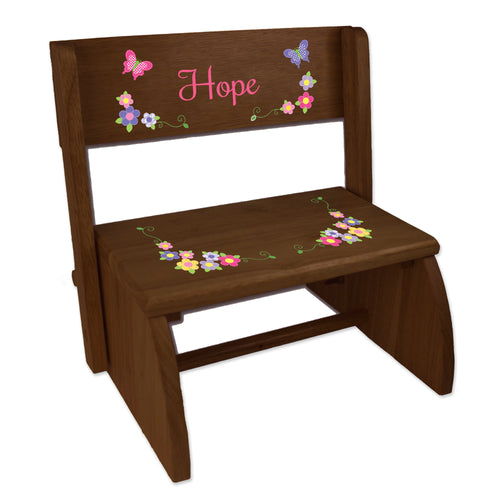 Personalized Bright Butterflies Garland Childrens And Toddlers Espresso Folding Stool