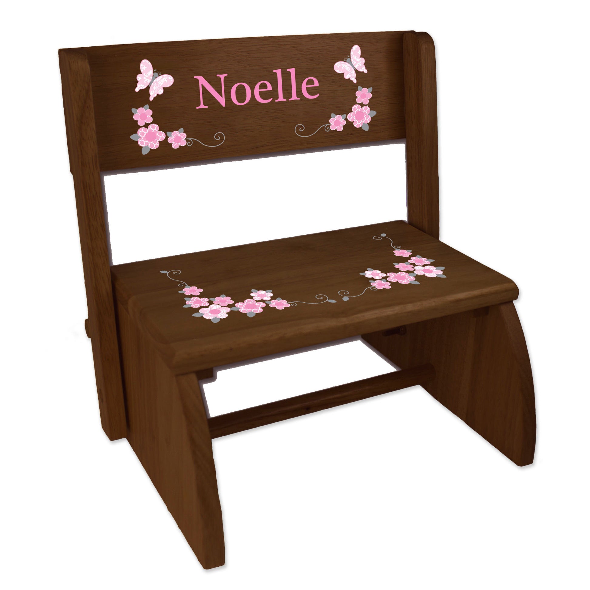 Personalized Pink And Gray Butterflies Childrens And Toddlers Espresso Folding Stool