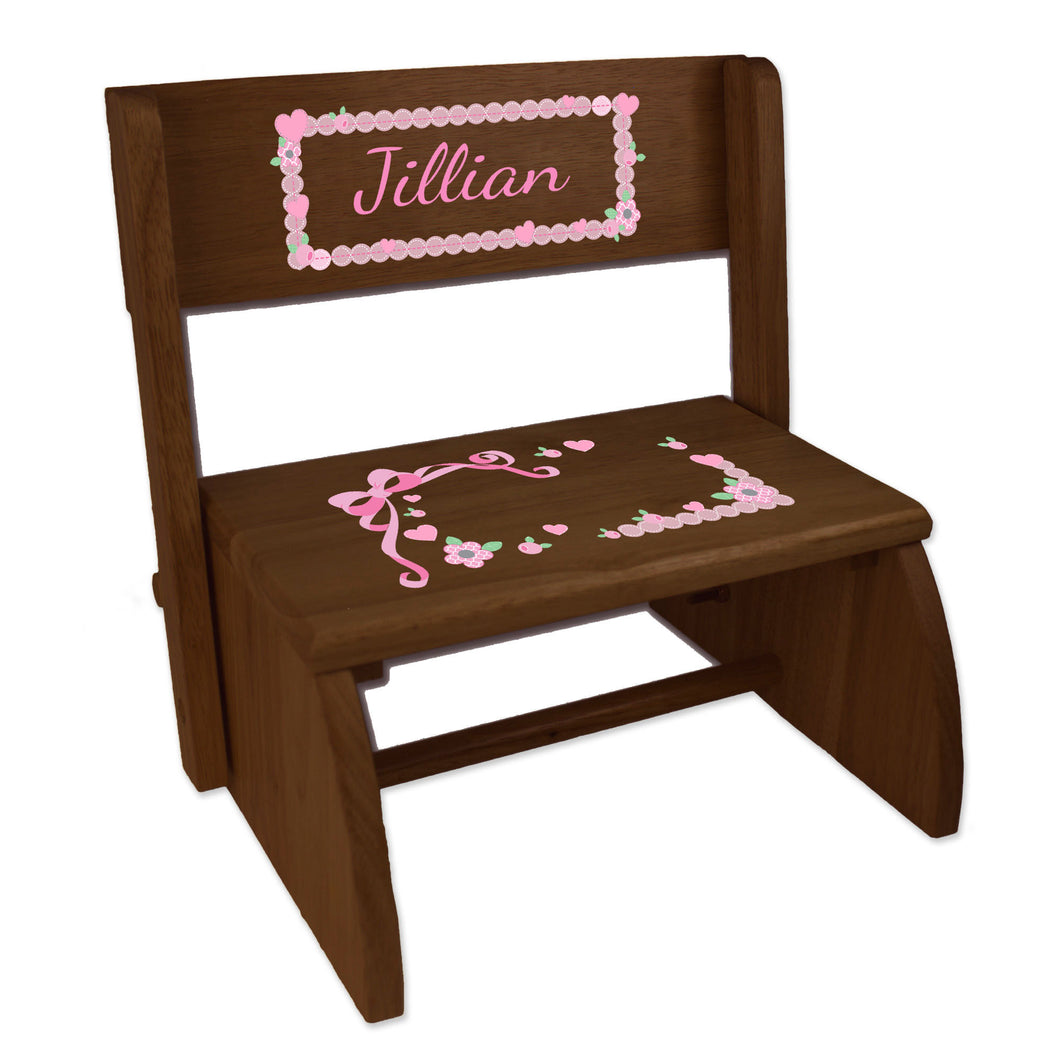 Personalized Espresso Flip Stool With Pink Bow Design