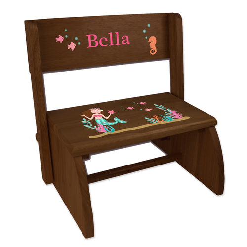 Personalized Brunette Mermaid Princess Childrens And Toddlers Espresso Folding Stool