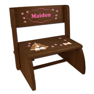 Personalized Pink Puppy Childrens And Toddlers Espresso Folding Stool
