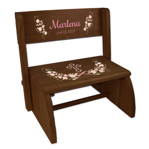 Personalized Holy Cross Pink Gray Floral Garland Childrens Espresso Flip Stool-1L