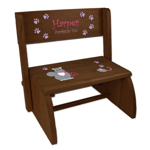 Personalized Kitty Cat Childrens And Toddlers Espresso Folding Stool