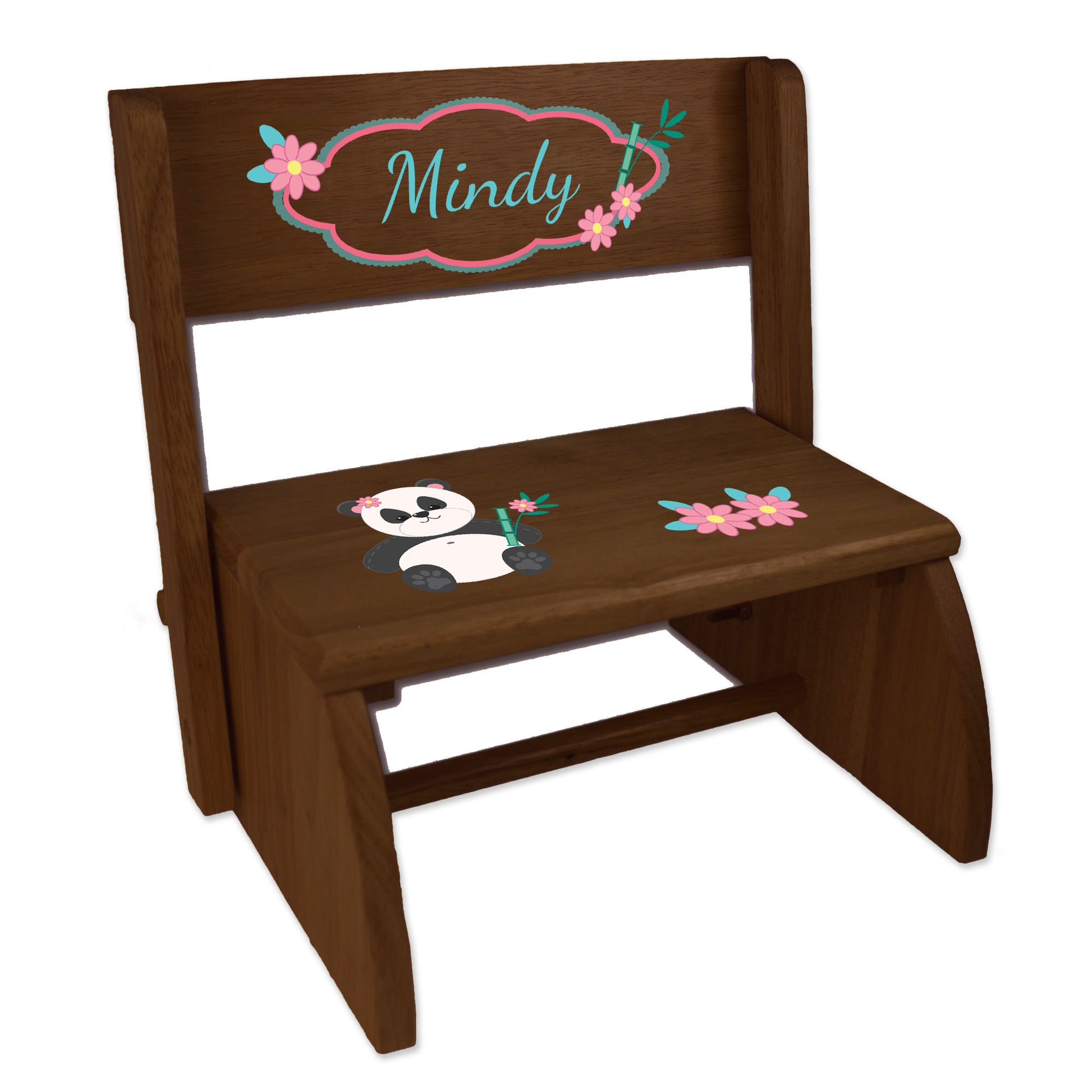 Personalized Panda Bear Childrens And Toddlers Espresso Folding Stool