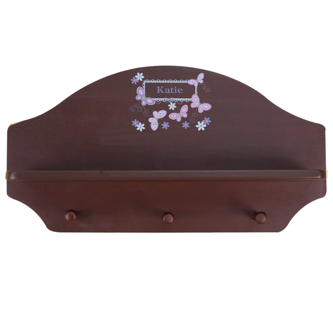 Personalized Espresso Nursery Wall Shelf with Butterflies Lavender design