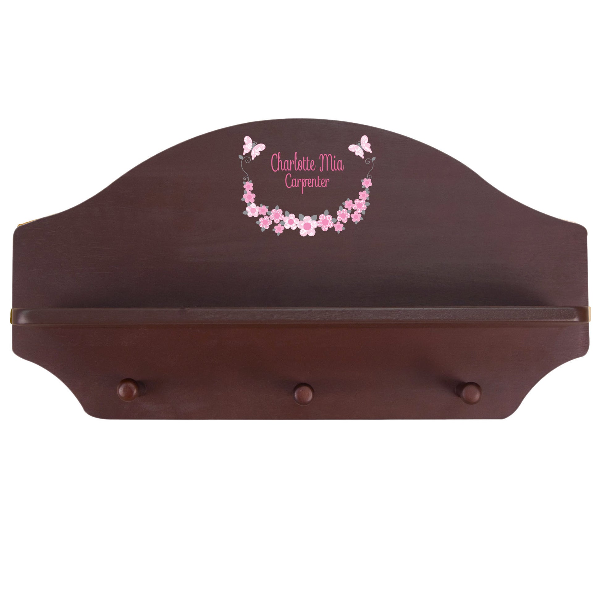 Personalized Espresso Nursery Wall Shelf with Pink and Gray Butterflies design