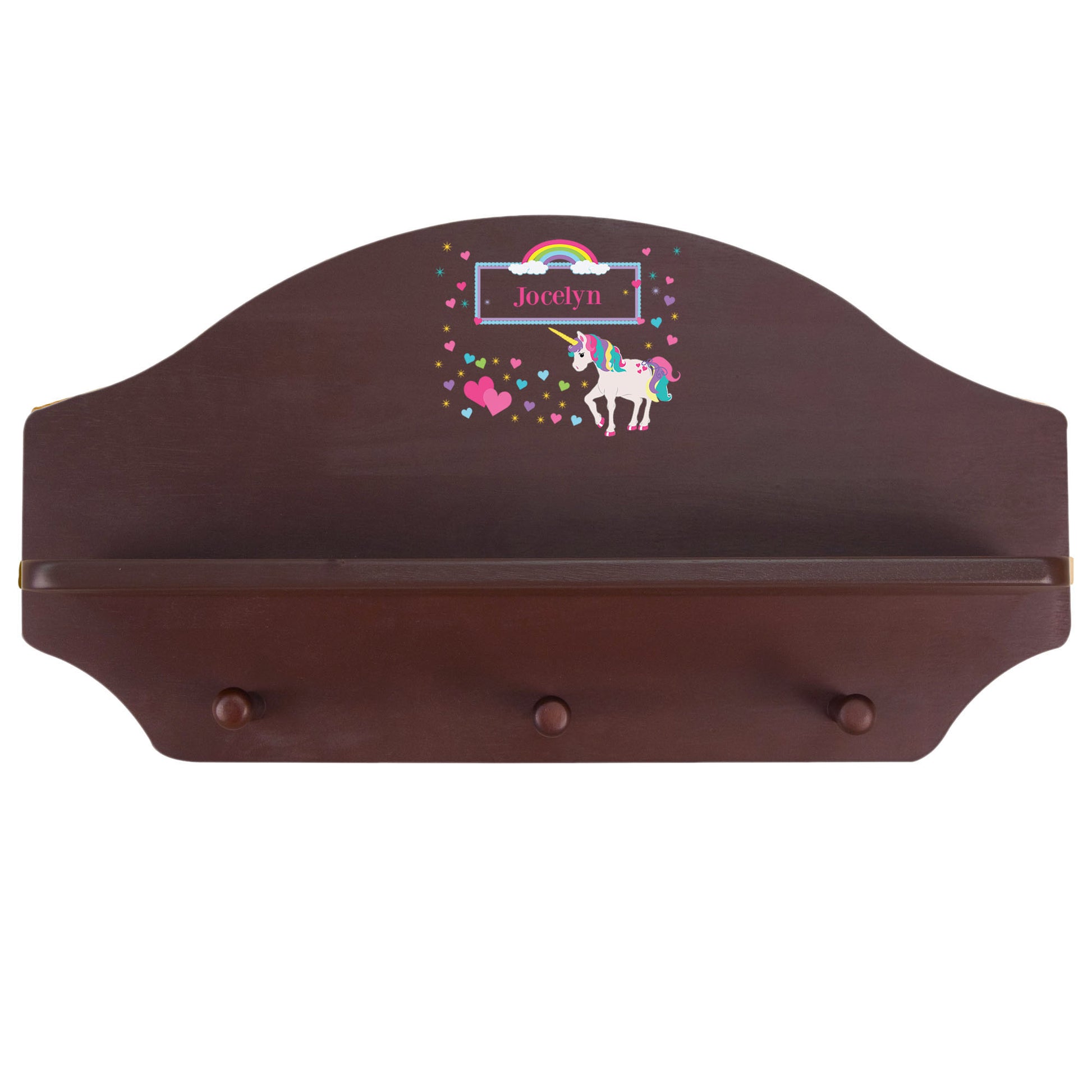 Personalized Espresso Nursery Wall Shelf with Unicorn design