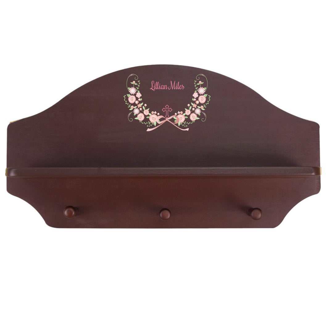 Personalized Espresso Nursery Wall Shelf with Hc Blush Floral Garland design