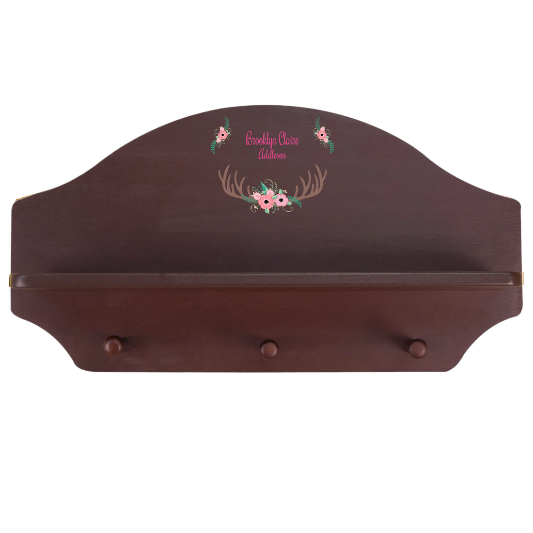 Personalized Espresso Nursery Wall Shelf with Floral Antler design