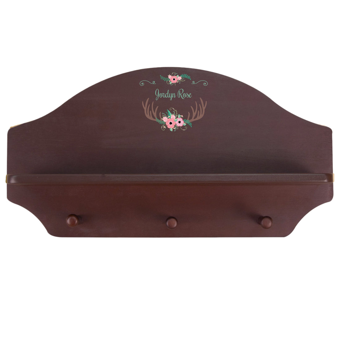 Personalized Espresso Nursery Wall Shelf with Floral Antler design