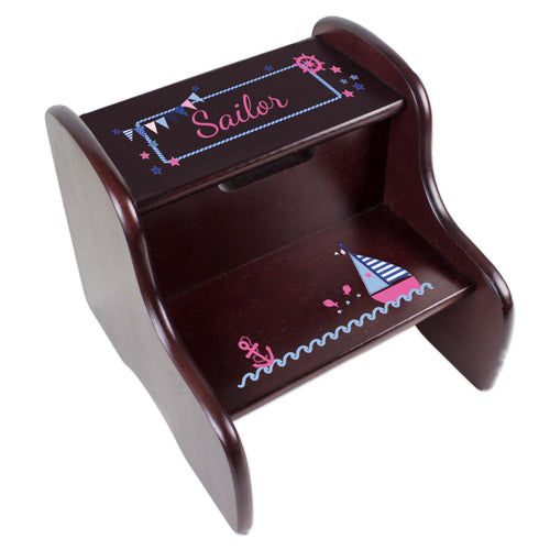 Personalized Pink Sailboat Espresso Two Step Stool