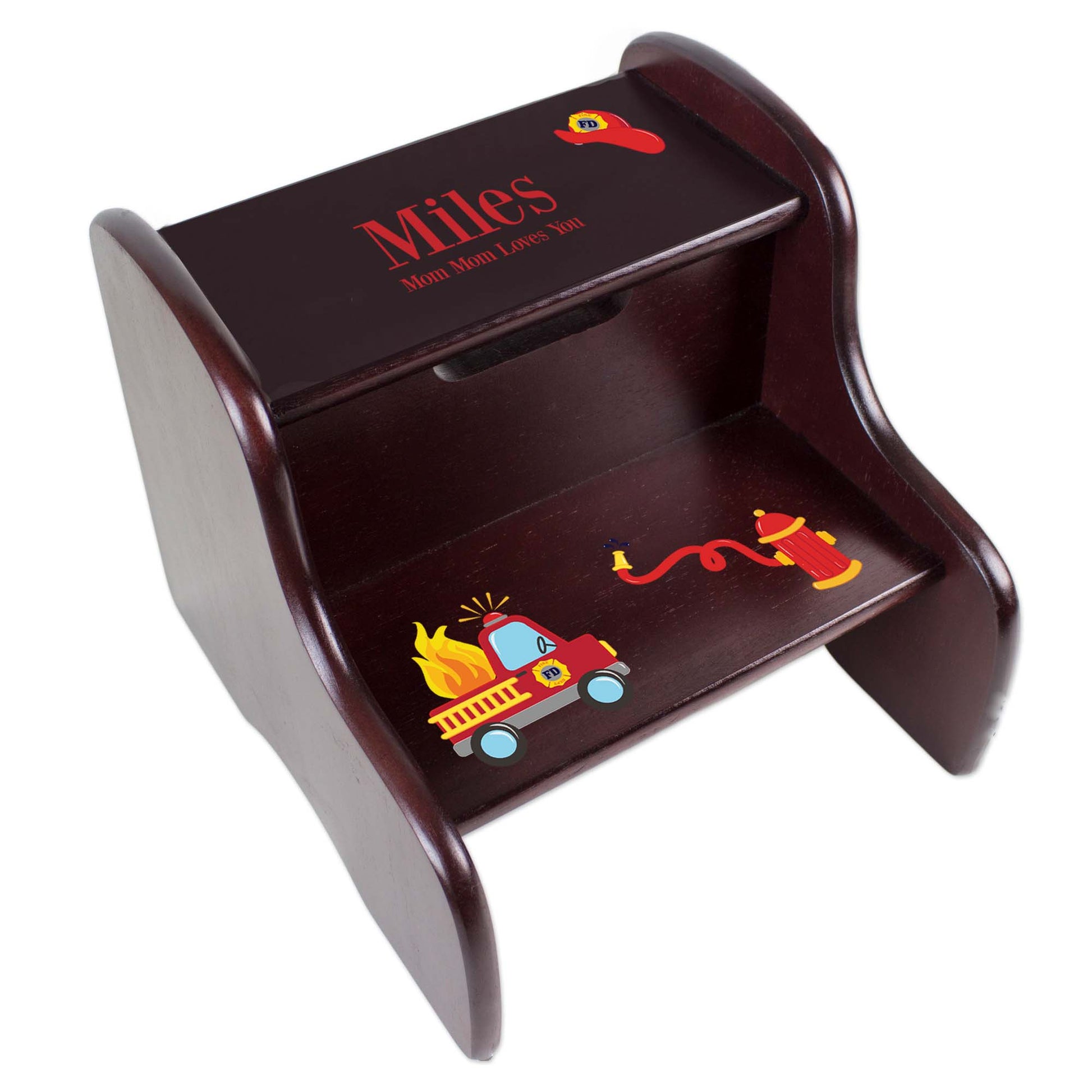 Personalized Fire Truck Espresso Two Step Stool