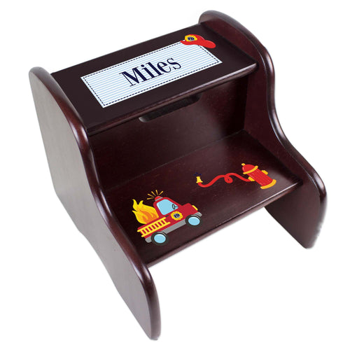Personalized Fire Truck Espresso Two Step Stool