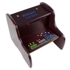 Personalized Espresso Two Step Stool With Blue Tractor Design
