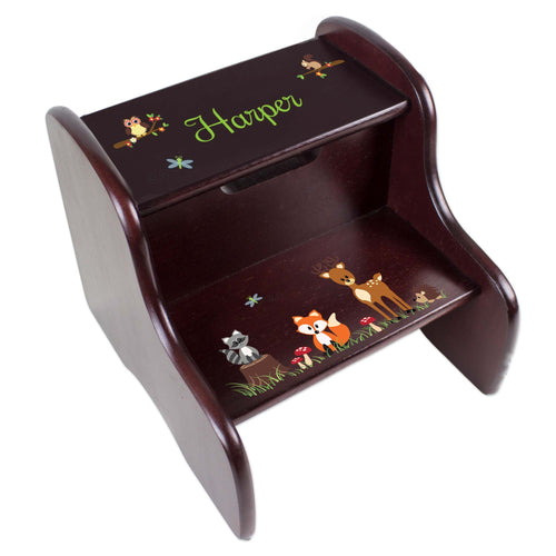 Personalized Espresso 2 Step Stool With Green Forest Animal Design