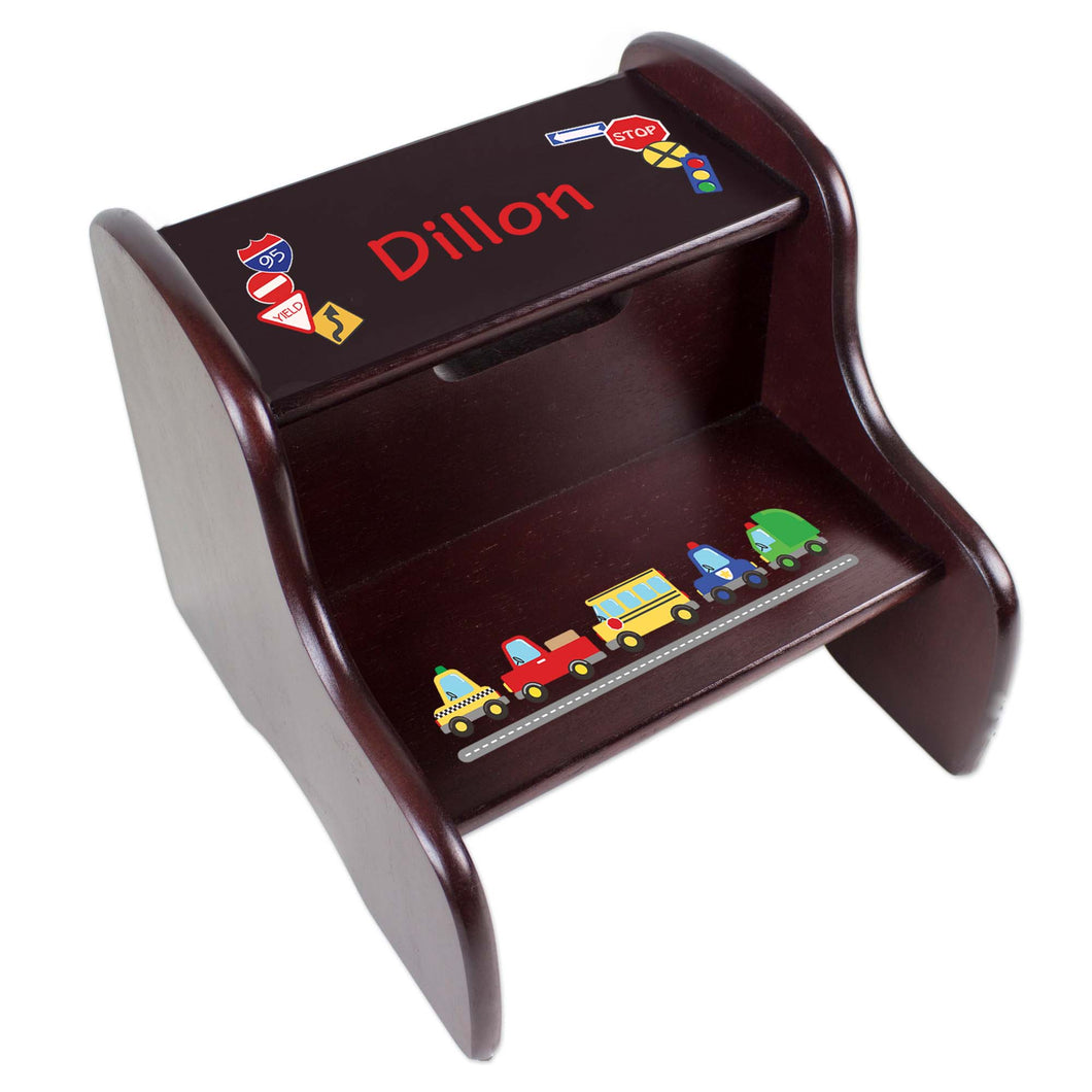 Personalized Espresso 2 Step Stool With Cars And Trucks Design
