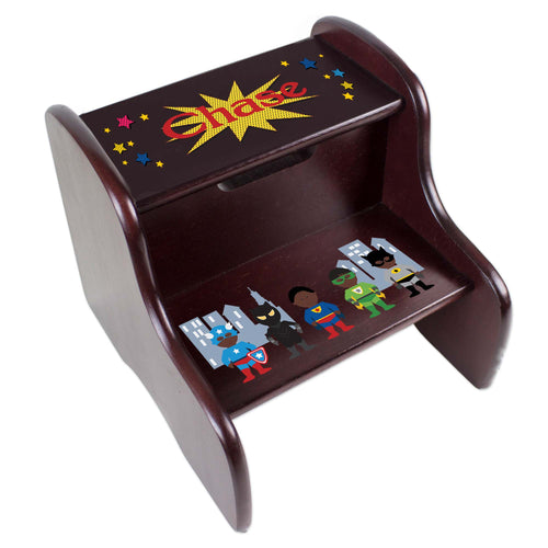 Personalized Espresso Two Step Stool With African American Super Hero Design