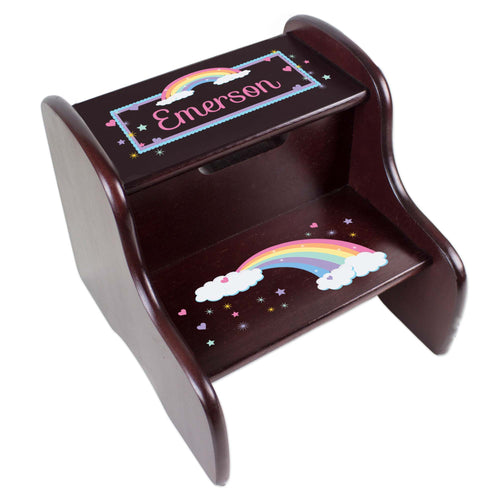 Personalized Espresso Two Step Stool With Pastel Rainbow Design
