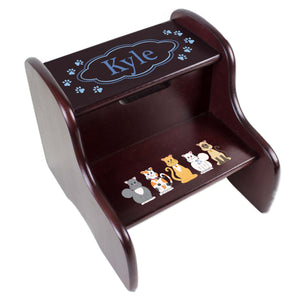 Personalized Blue Cats Espresso Two Step Stool