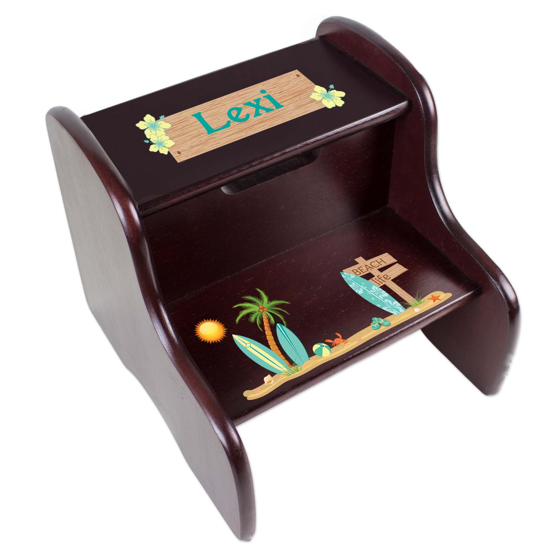Personalized Espresso 2 Step Stool With Surf'S Up Design