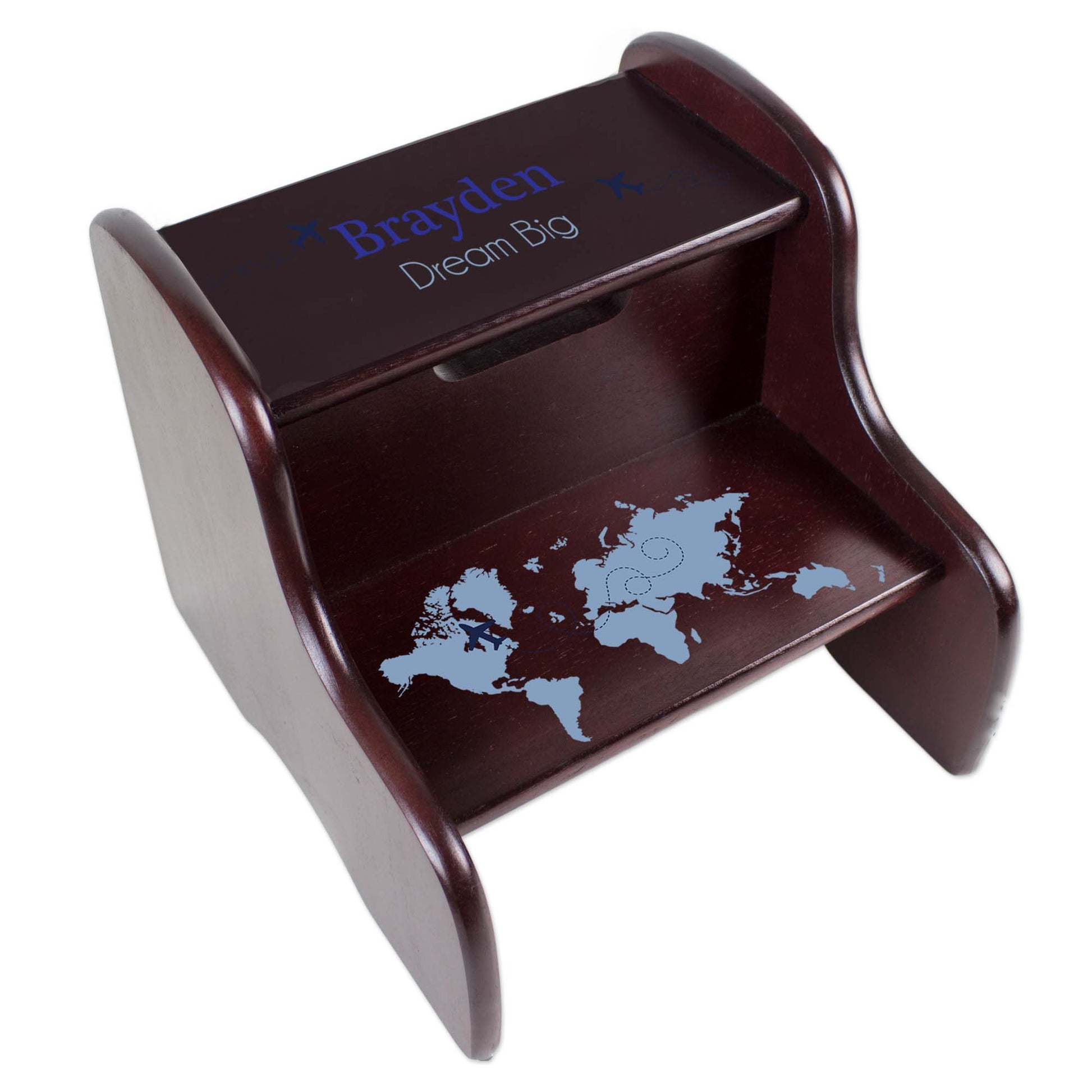 Personalized World Map Blue Espresso Two Step Stool