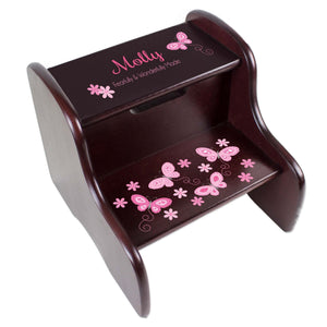Personalized Espresso Two Step Stool With Lavender Butterflies Design