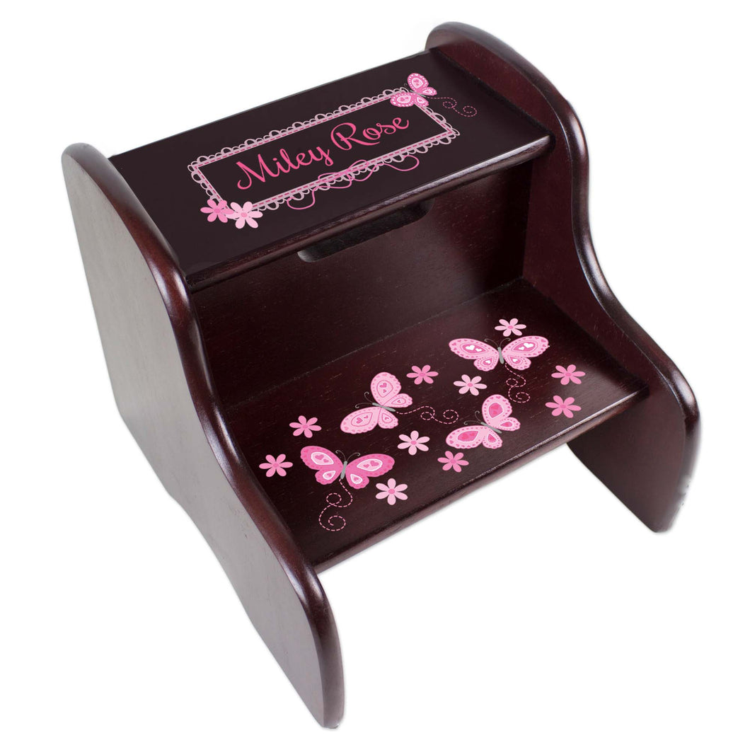Personalized Espresso Two Step Stool With Pink Butterflies Design