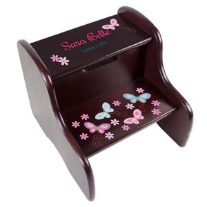 Personalized Espresso Two Step Stool With Aqua Butterflies Design