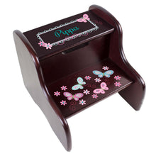 Personalized Espresso Two Step Stool With Aqua Butterflies Design