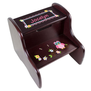 Personalized Espresso 2 Step Stool With Pink Owl Design