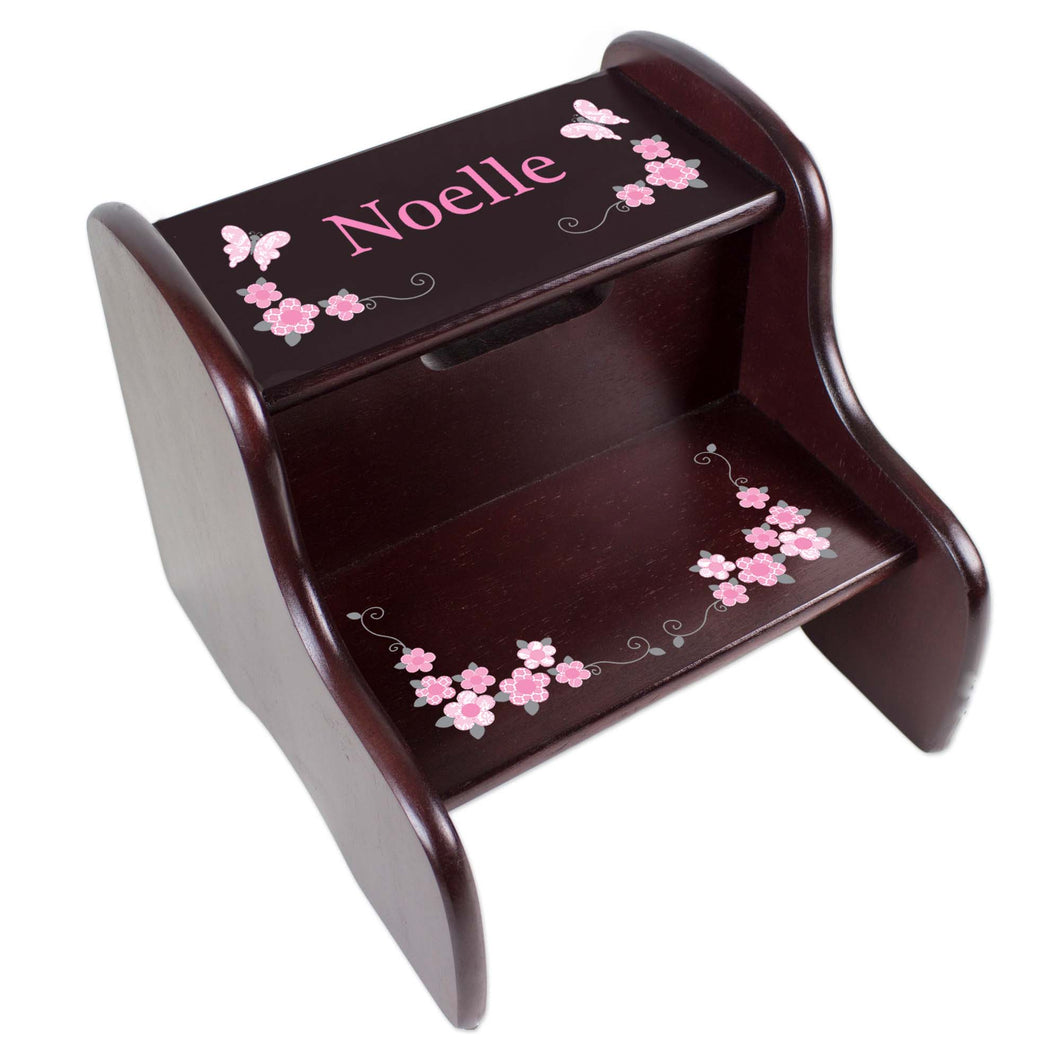 Personalized Pink And Gray Butterflies Espresso Two Step Stool