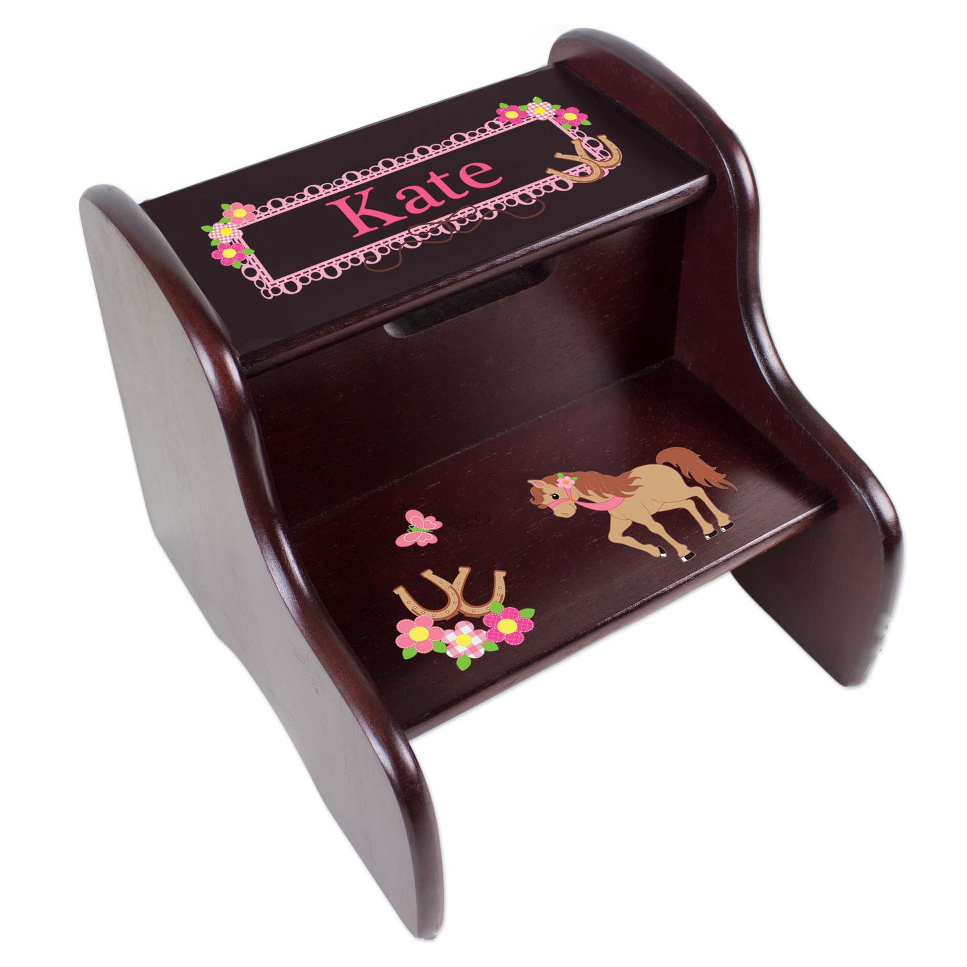 Personalized Espresso 2 Step Stool With Pretty Pony Design