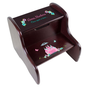 Personalized Pink Teal Princess Castle Espresso Two Step Stool
