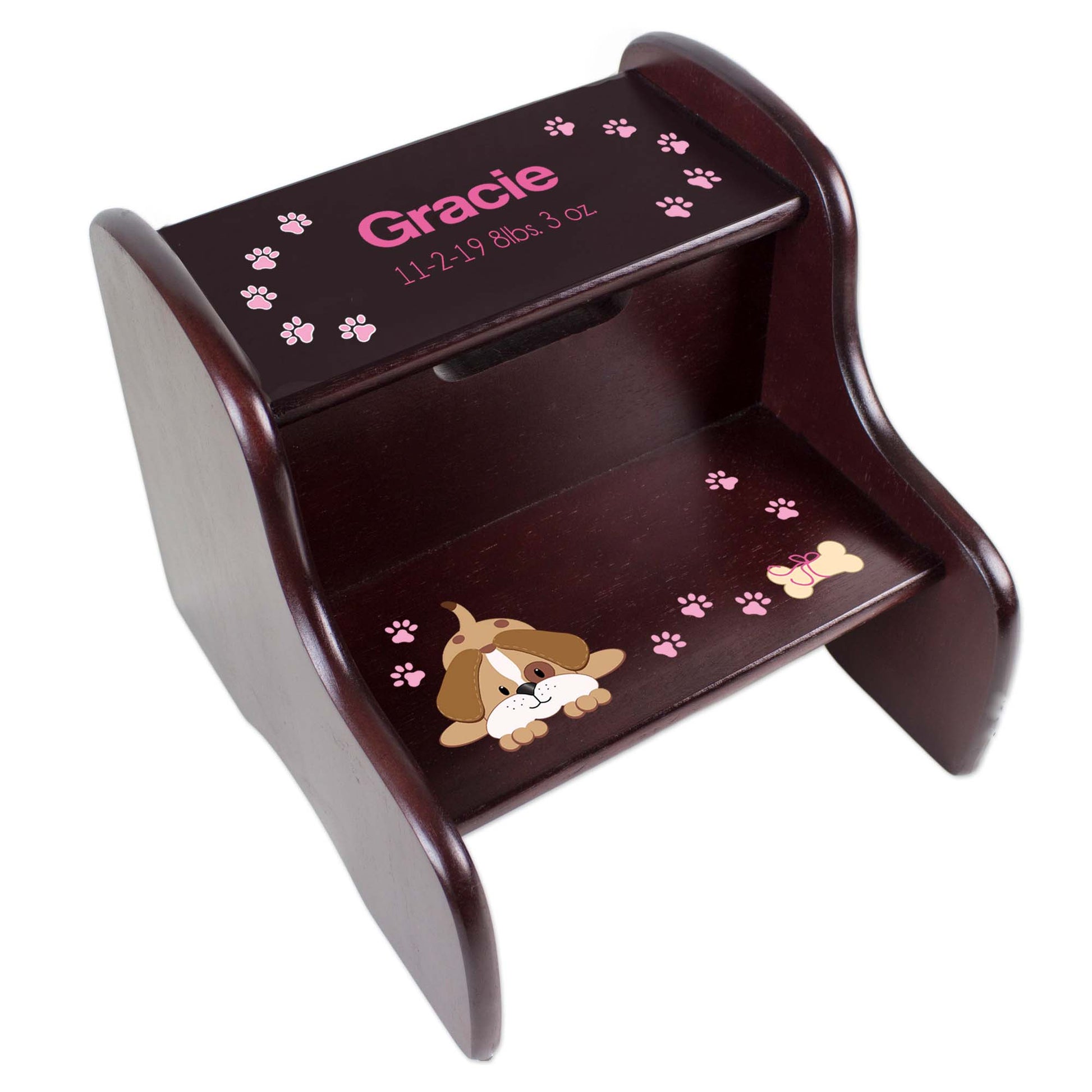 Personalized Pink Puppy Espresso Two Step Stool