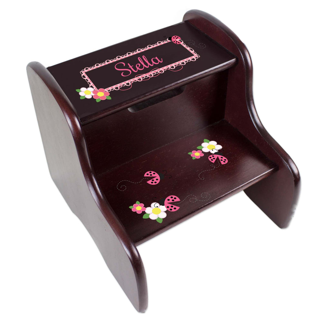 Personalized Espresso 2 Step Stool With Pink Ladybugs Design