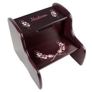 Personalized Pink Gray Floral Garland Espresso Two Step Stool