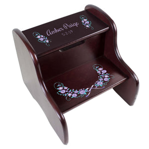 Personalized Holy Cross Navy Pink Floral Garland Design Fixed Espresso Stool