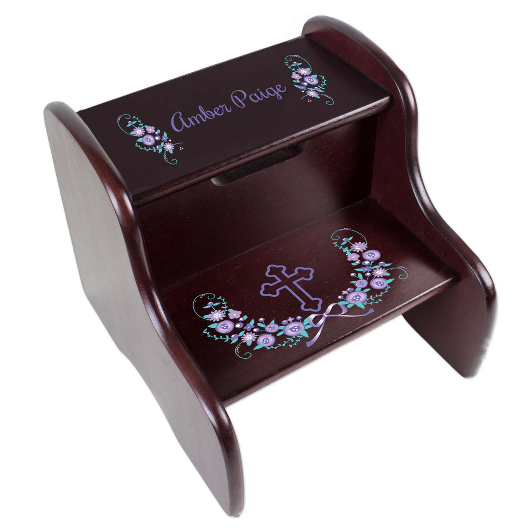 Personalized Holy Cross Lavender Floral Garland Design Fixed Espresso Stool