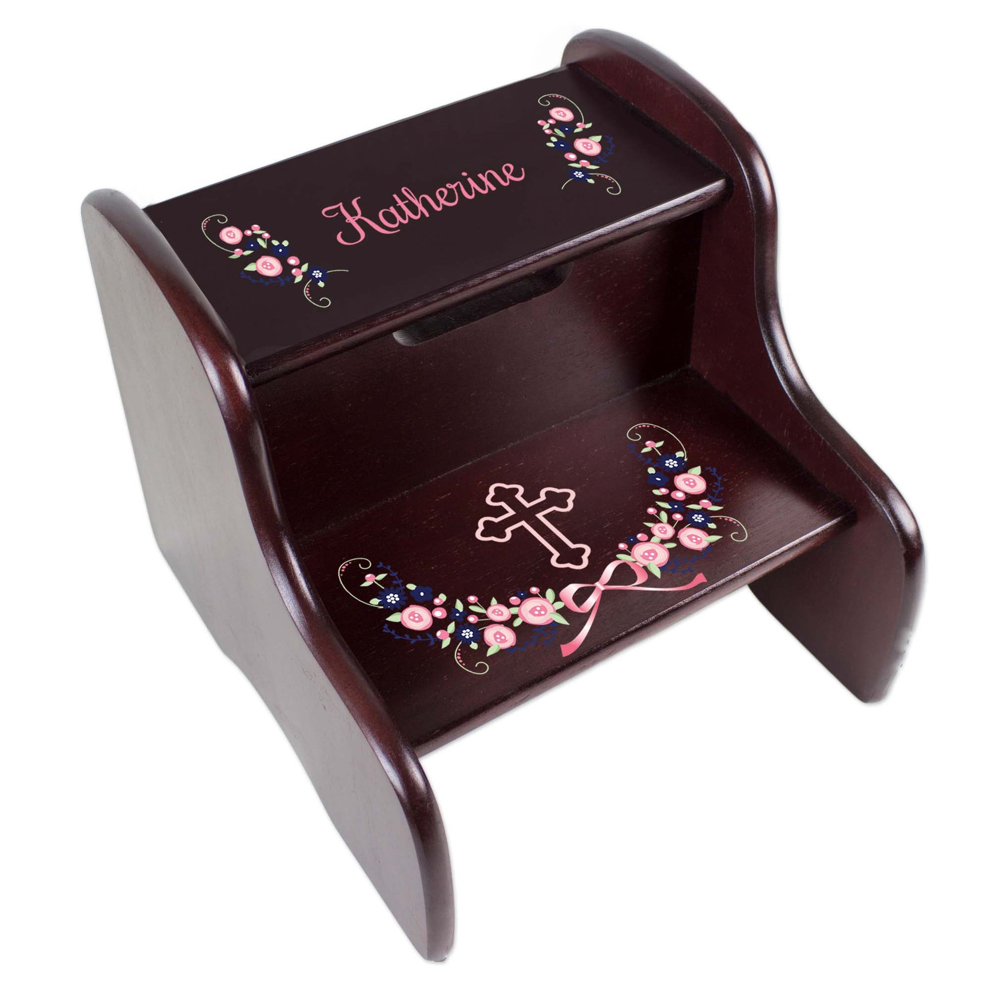 Personalized Holy Cross Navy Pink Floral Garland Design Fixed Espresso Stool