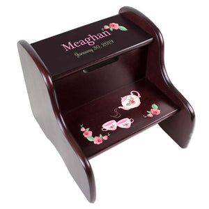 Personalized Tea Party Espresso Two Step Stool