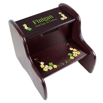 Personalized Espresso Two Step Stool With Shamrock Design