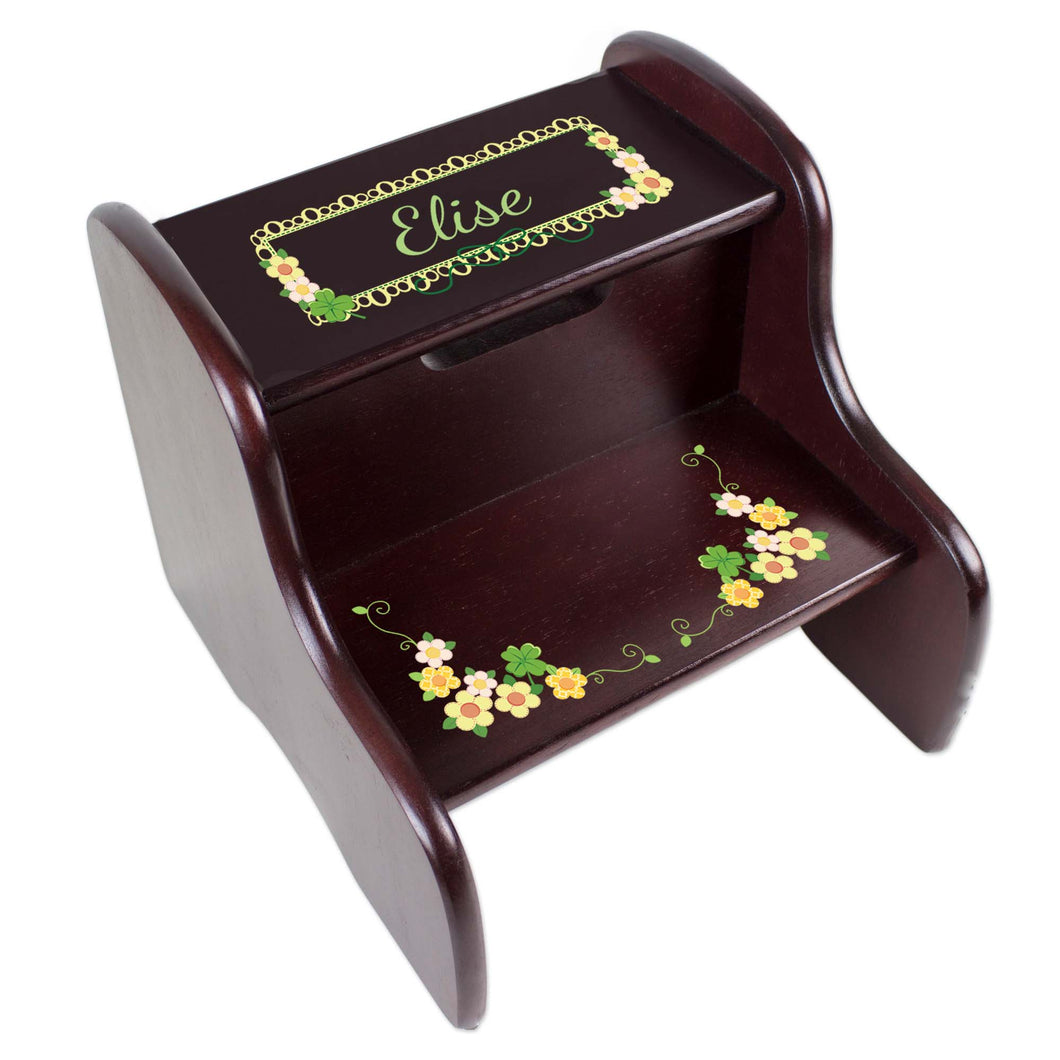 Personalized Espresso Two Step Stool With Shamrock Design