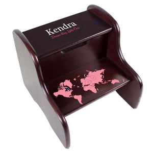 Personalized World Map Pink Espresso Two Step Stool