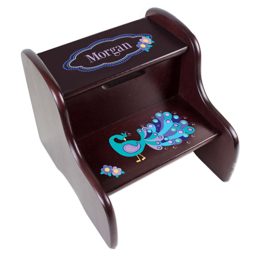Personalized Peacock Espresso Two Step Stool