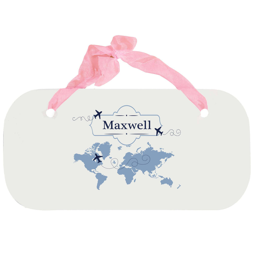 Personalized Girls Wall Plaque with World Map Blue design