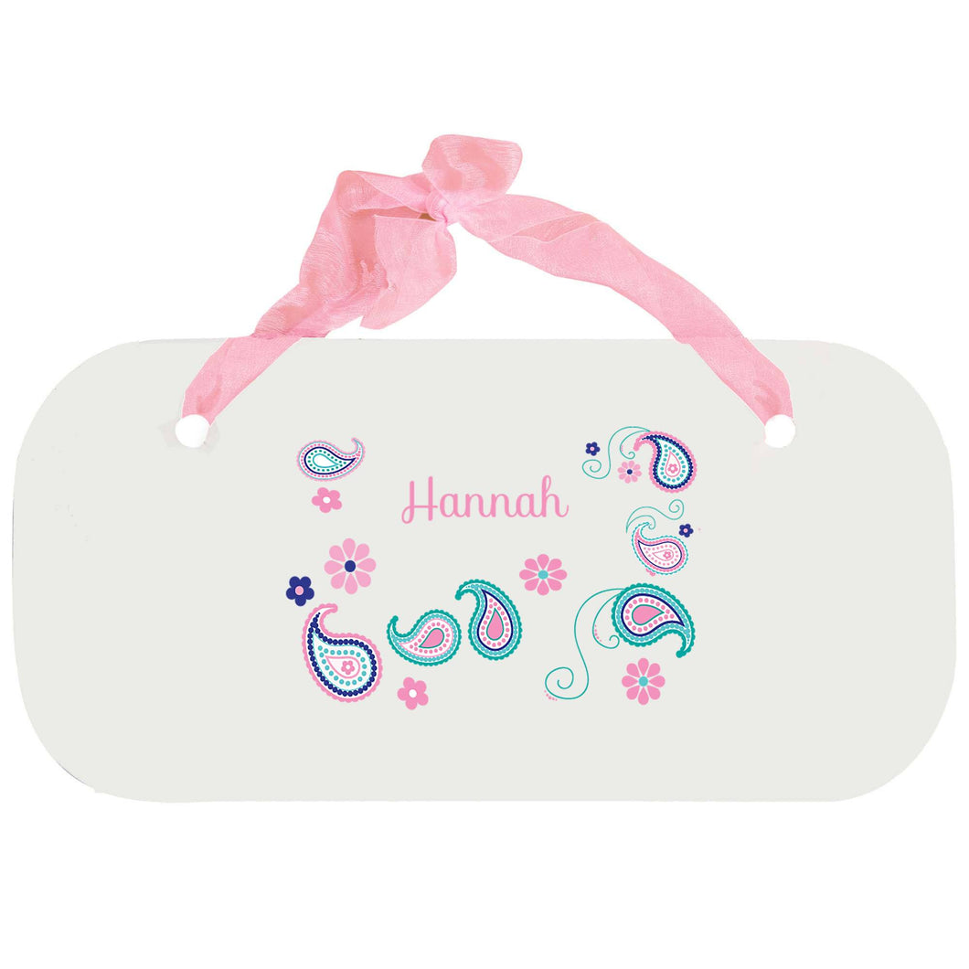 Personalized Girls Wall Plaque with Paisley Teal and Pink design
