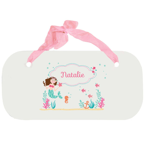 Personalized Girls Wall Plaque with Brunette Mermaid Princess design