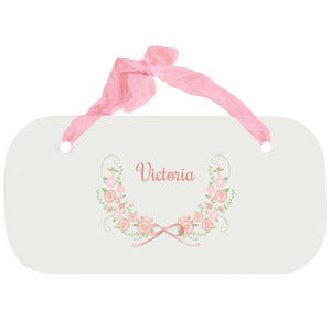 Personalized Girls Wall Plaque with Blush Floral Garland design