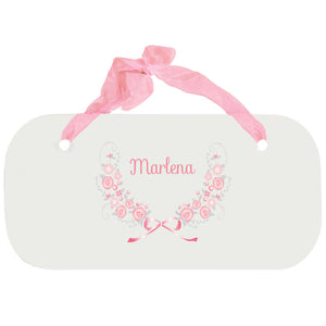 Personalized Girls Wall Plaque with Pink Gray Floral Garland design