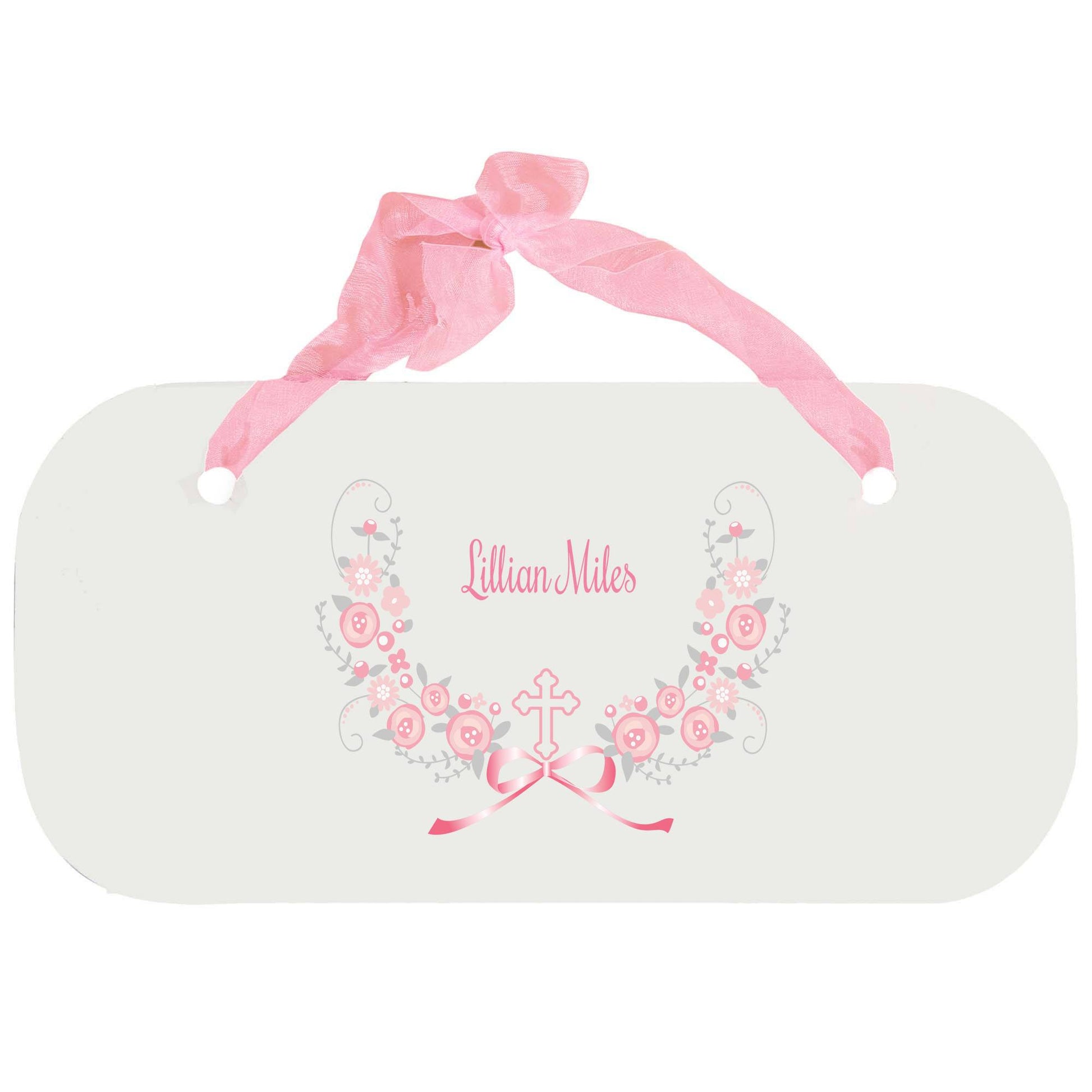 Personalized Girls Wall Plaque with Hc Pink Gray Floral Garland design